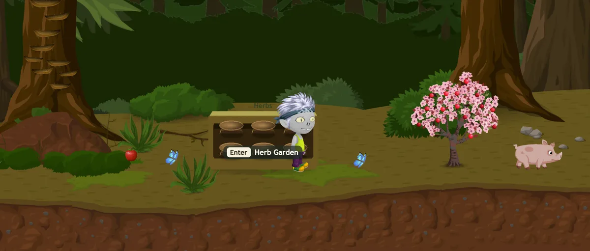 A Glitch beside an herb garden on Hechey Track, with a fruit tree and a piggy.