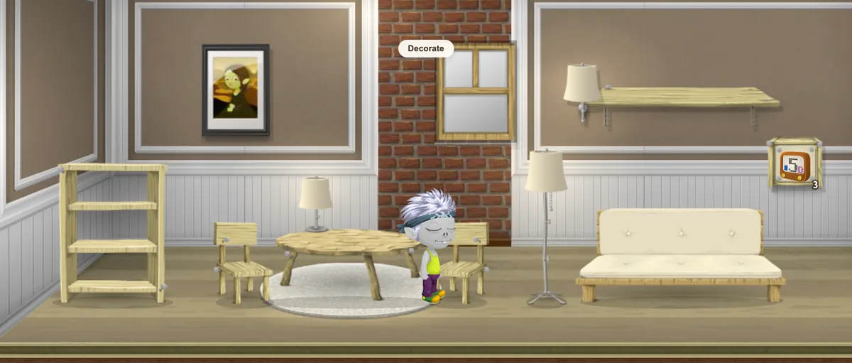 A decorated house with wallpaper, furniture and a reading lamp.