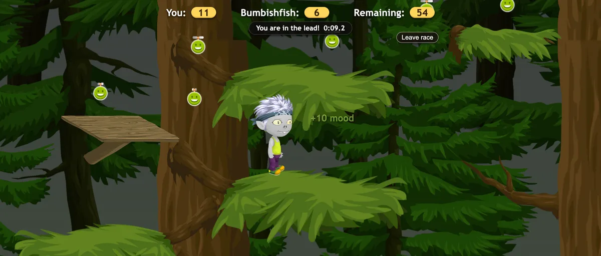 Grab 'Em Good: a night race through giant trees for floating quoins.