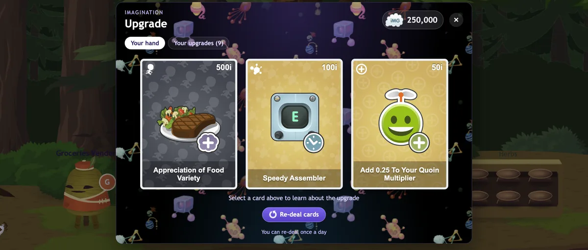 The imagination shop: three upgrade cards to choose from.