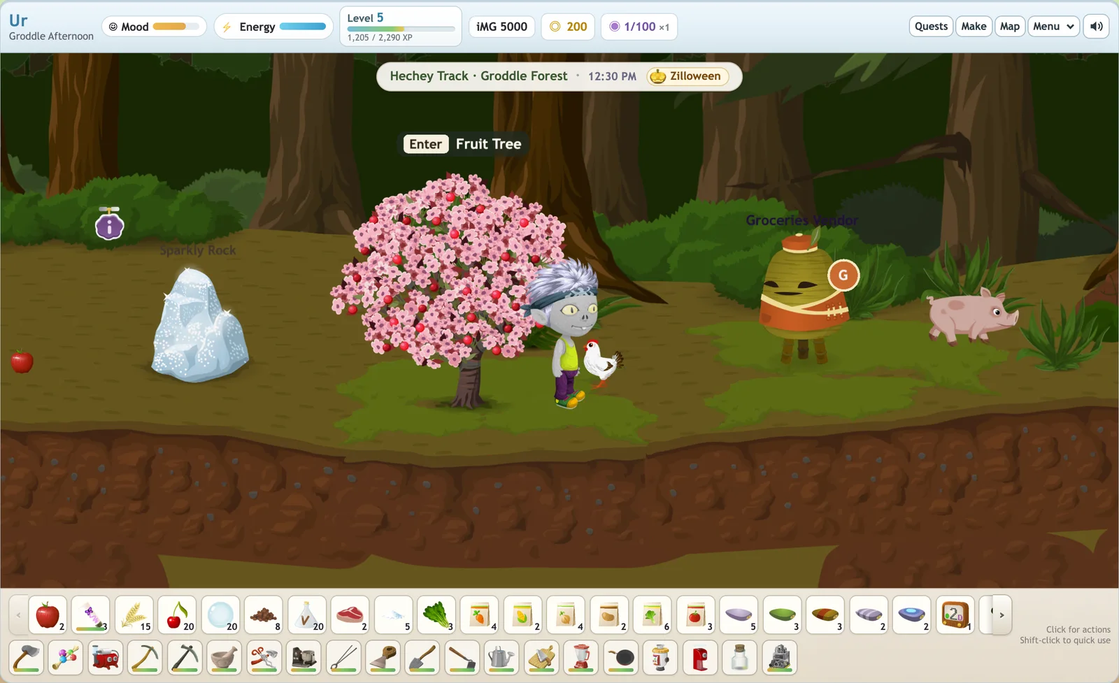 The game on Hechey Track in Groddle Forest: a Glitch with silver hair under a blossoming fruit tree, with a chicken, a piggy, the Groceries Vendor, a sparkly rock and a floating quoin.